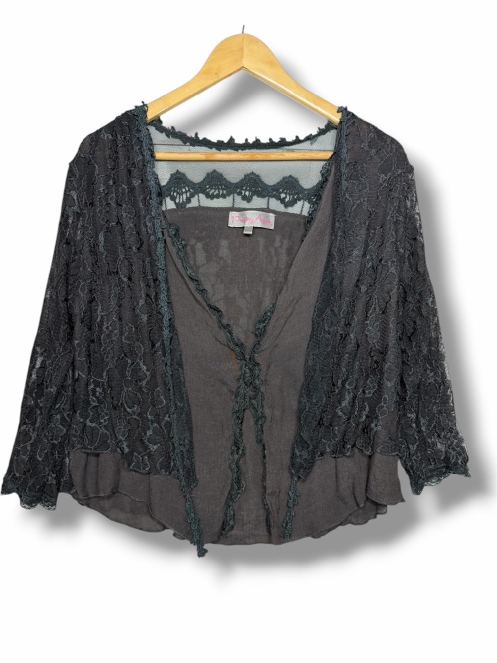 Pretty Angel Lace Tie Front Top Large Gray Boho Fairy Grunge Linen Blend